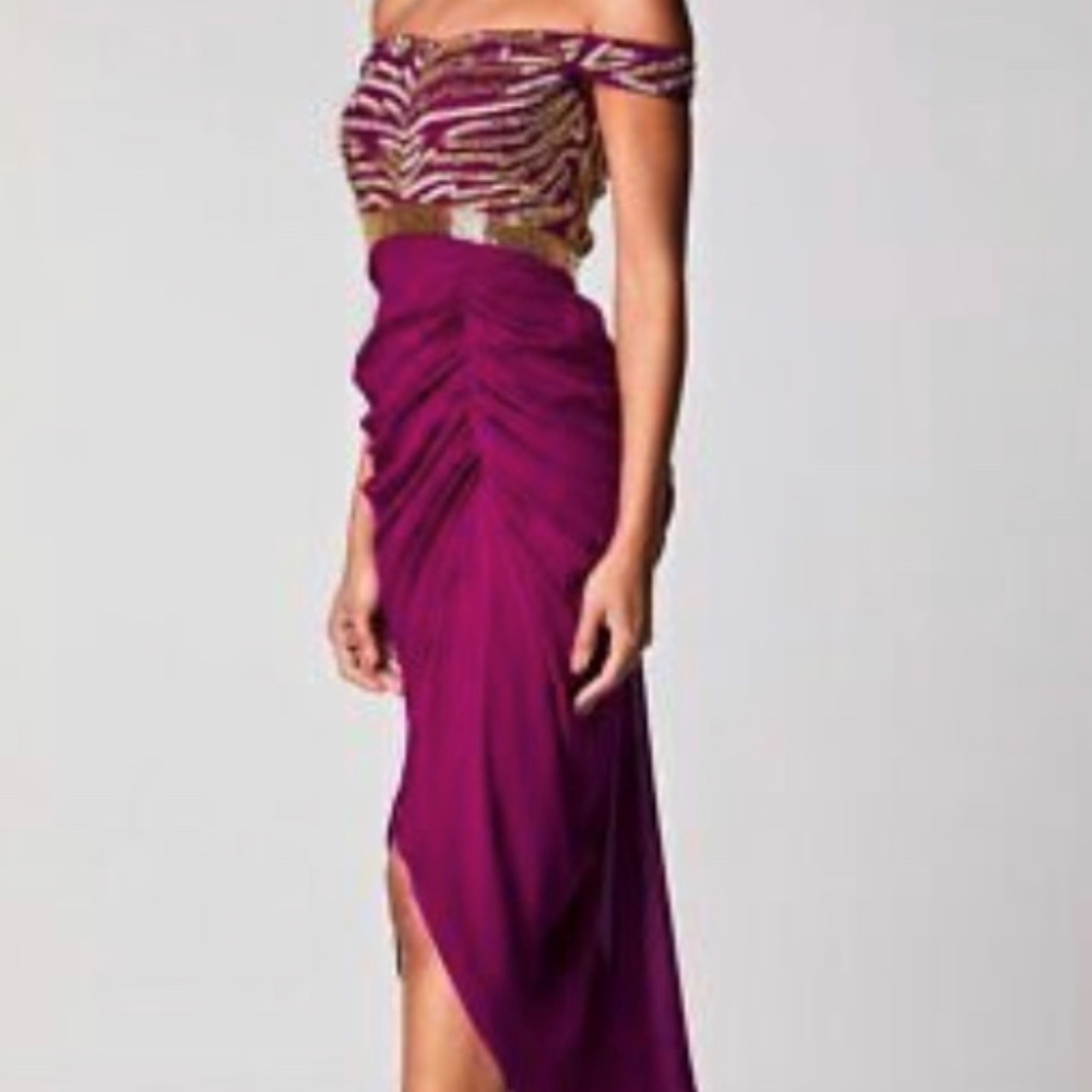 Magenta cocktail dress with gold beads